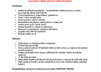 Výběrové řízení na pozici vedoucí-sociální pracovník